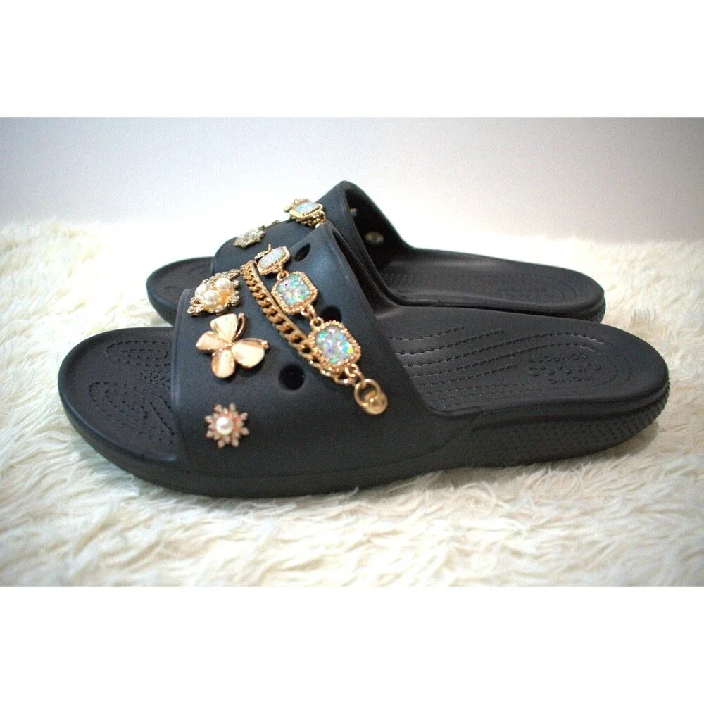 Crocs Slides Customized with Gold Luxe Charms (206761‑001 ) - Women's Size 10